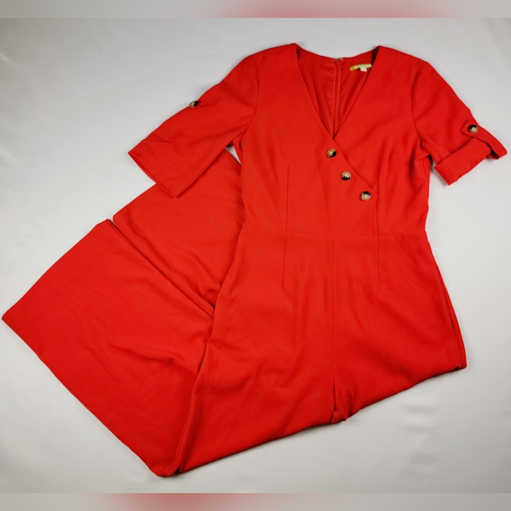 Gianni Bini Jumpsuit Womens Size 8 Red Roll Tab Sleeves Pockets Wide Leg Zip